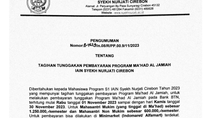 Pengumuman Perpanjangan Pembayaran Ma’had Al Jami’ah IAIN Syekh Nurjati Cirebon