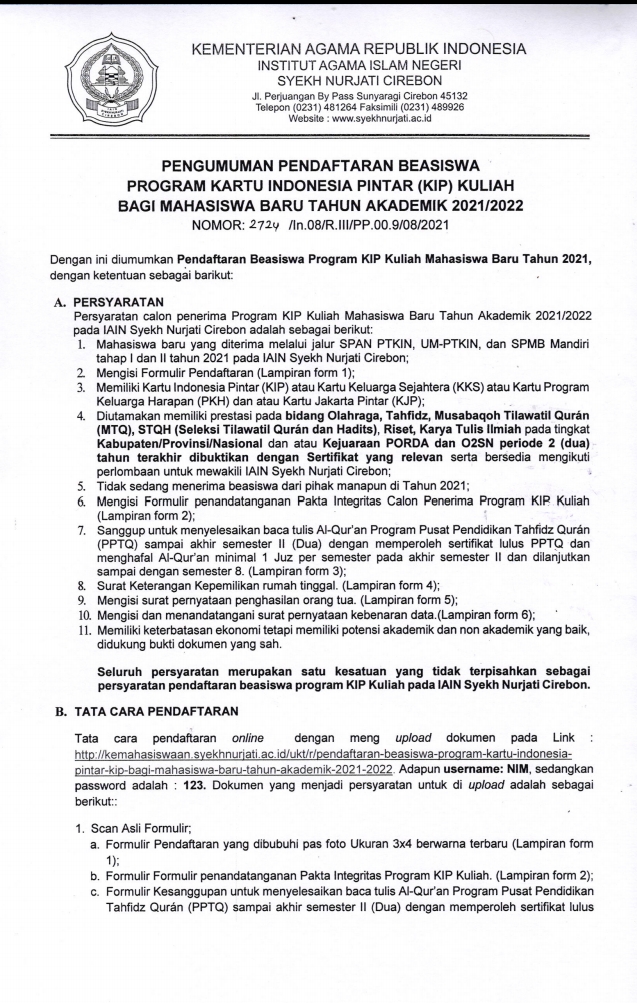 PENGUMUMAN PENDAFTARAN BEASISWA KIP 2021